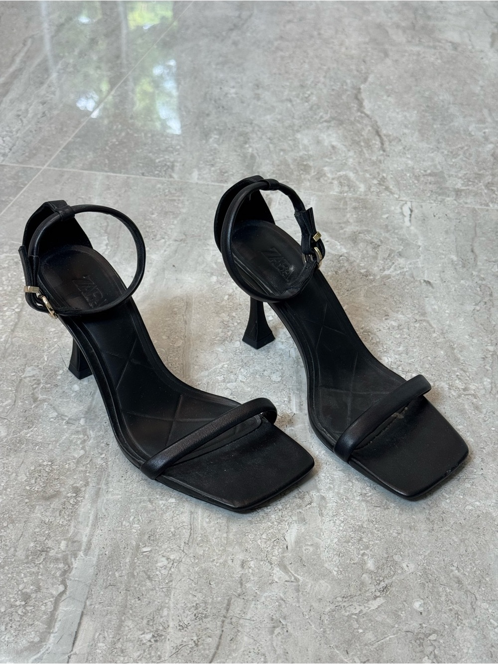 Zara Black Strappy Square-Toe Heeled Sandals